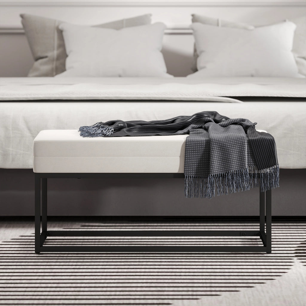 Panca da Ingresso Stile Moderno 94x42x44 cm Cuscino Alto in Tessuto Effetto Velluto Crema