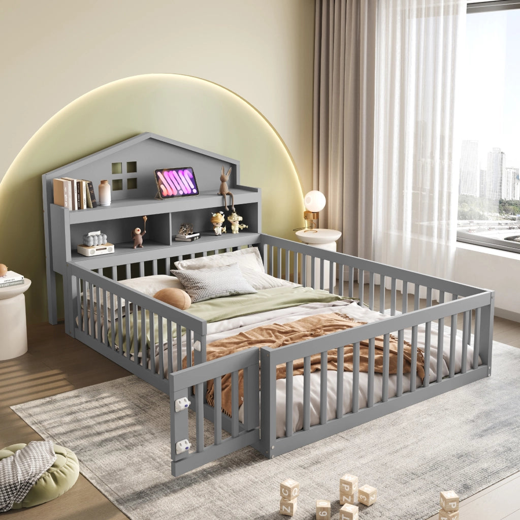 Letto per bambini grigio in legno massello con funzione casa 140x200 cm