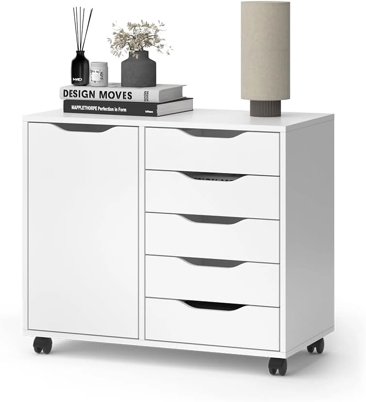 Credenza Otwin, Bianco, 40.6 x 61.5 cm con 5 cassetti e 1 anta, per la conservazione di abbigliamento e oggetti per la casa