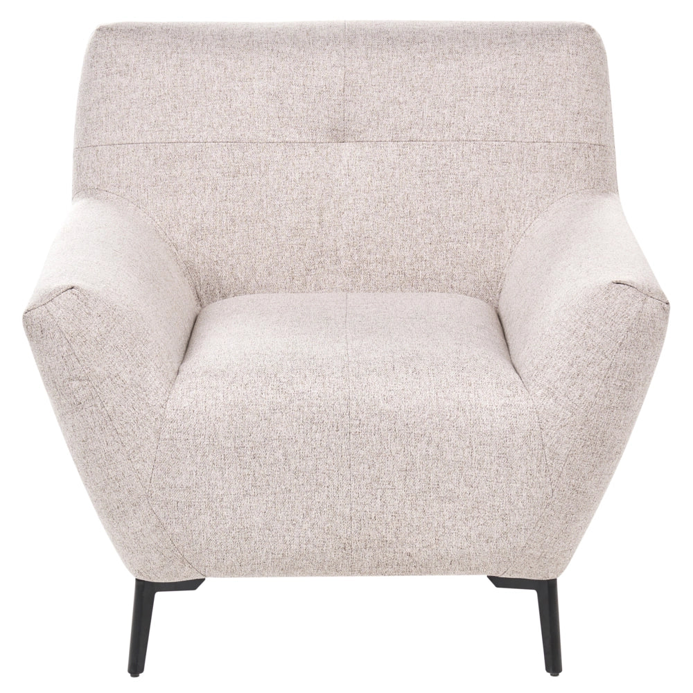 Poltrona in tessuto beige con braccioli, trapuntatura decorativa e gambe in metallo nero angolo lettura moderno per il soggiorno