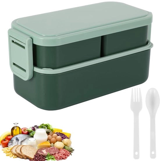 Lunchbox per bambini e adulti con cassette, contenitore per bambini da 1300 ml con 3 cassette e utensili, scatole a doppia parete impermeabili, libere da BPA e resistenti al lavastoviglie, per scuola, in viaggio (verde)