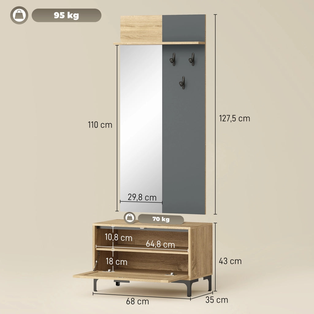 Set ingresso con scarpiera, specchio e ganci ¨C zephmum ¨C legno naturale e grigio