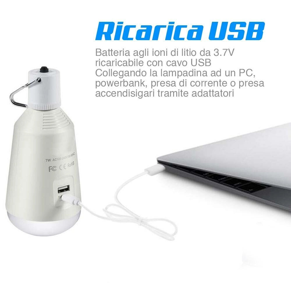 Lampadina a Batteria USB E27 Luce Led Lampada Emergenza Campeggio con Powerbank