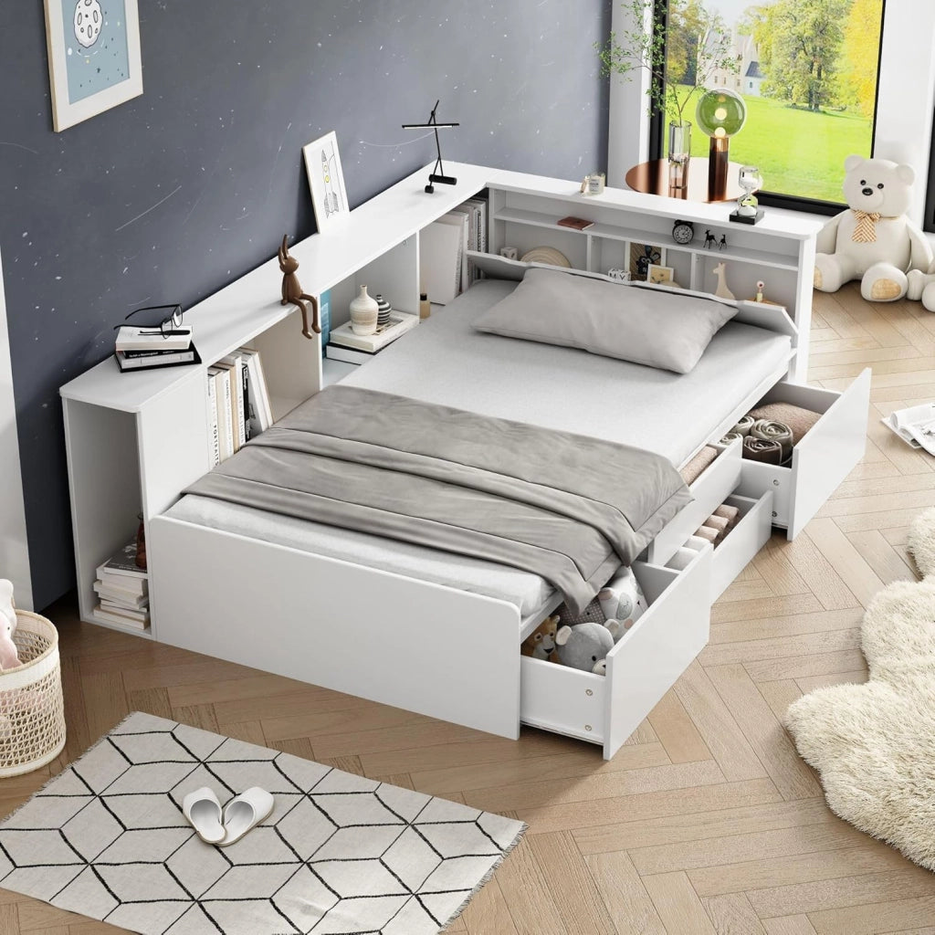 Letto Singolo 90x200 cm con Contenitore Cassetti e Libreria, Letto Multifunzionale per Bambini con Vano Portaoggetti e Rete a Doghe in Legno, Rete con 3 Contenitore, Bianco, Senza Materasso