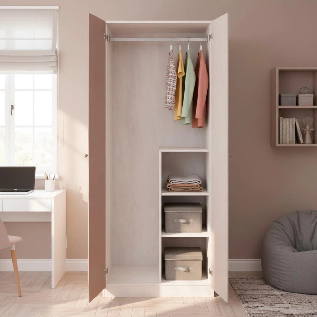 Armadio Guardaroba 2 Ante Battenti Con 3 Scomparti E Barra Appendiabiti Design Moderno Per Camera Da Letto Cameretta 90 X 200 X 52 Cm Beige E Rovere