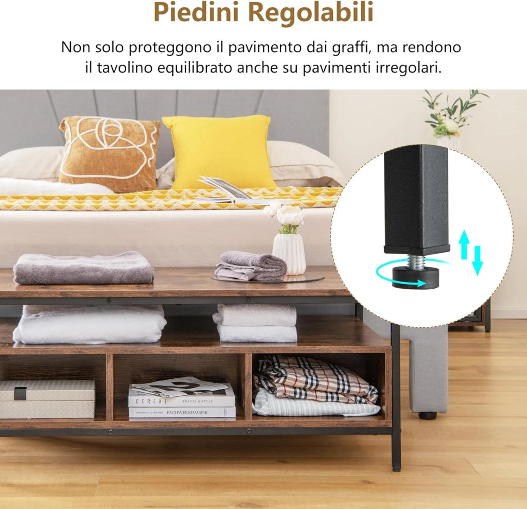 Tavolino da Caffè da Salotto, Tavolino Basso con Mensola Aperta e Telaio in Metallo Resistente, Tavolo Rettangolare in Legno per Soggiorno, Studio e Camera da Letto