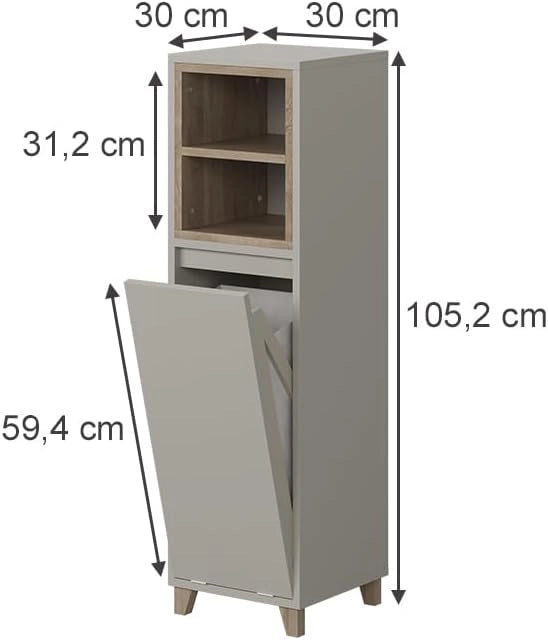 mobiletto bagno Elnor, Greige/Rovere, 30 x 105.2 cm con cesto portabiancheria pieghevole
