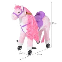Cavallo a Dondolo per Bambini 2+ Anni con 4 Rotelle, Suoni Realistici e Poggiapiedi, 65x28x75 cm, Rosa