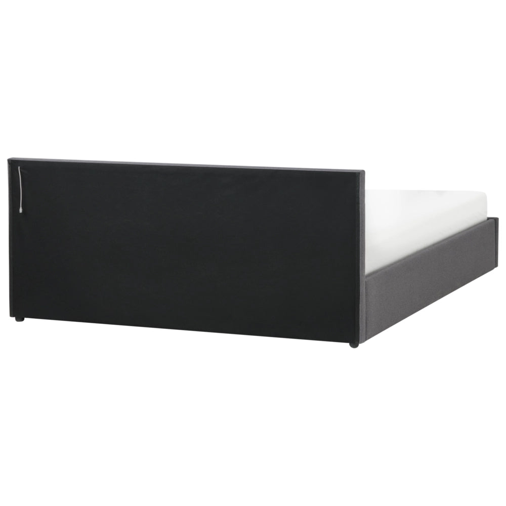 Letto matrimoniale in tedduto grigio scuro con LED 180 x 200 cm con contenitore e ottomana con doghe in legno