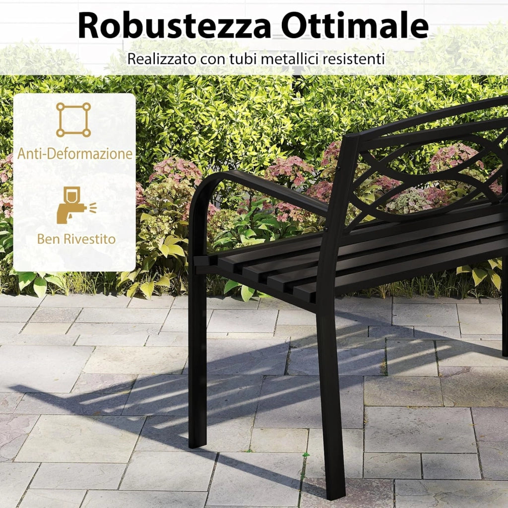 Panchina da Esterno 2-3 Posti, Panca in Metallo con Schienale Motivo Geometrico, Braccioli e Seduta a Doghe, Sedia Moderna per Parco, Cortile e Giardino