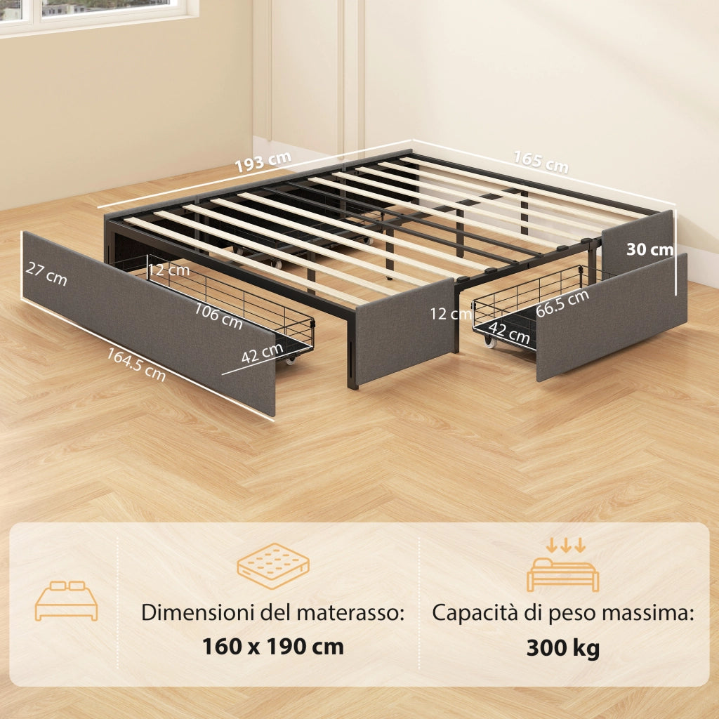 Letto Matrimoniale Contenitore in Legno con Doghe e Cassetti ¨C Zephmum ¨C Grigio 165x193x30 cm
