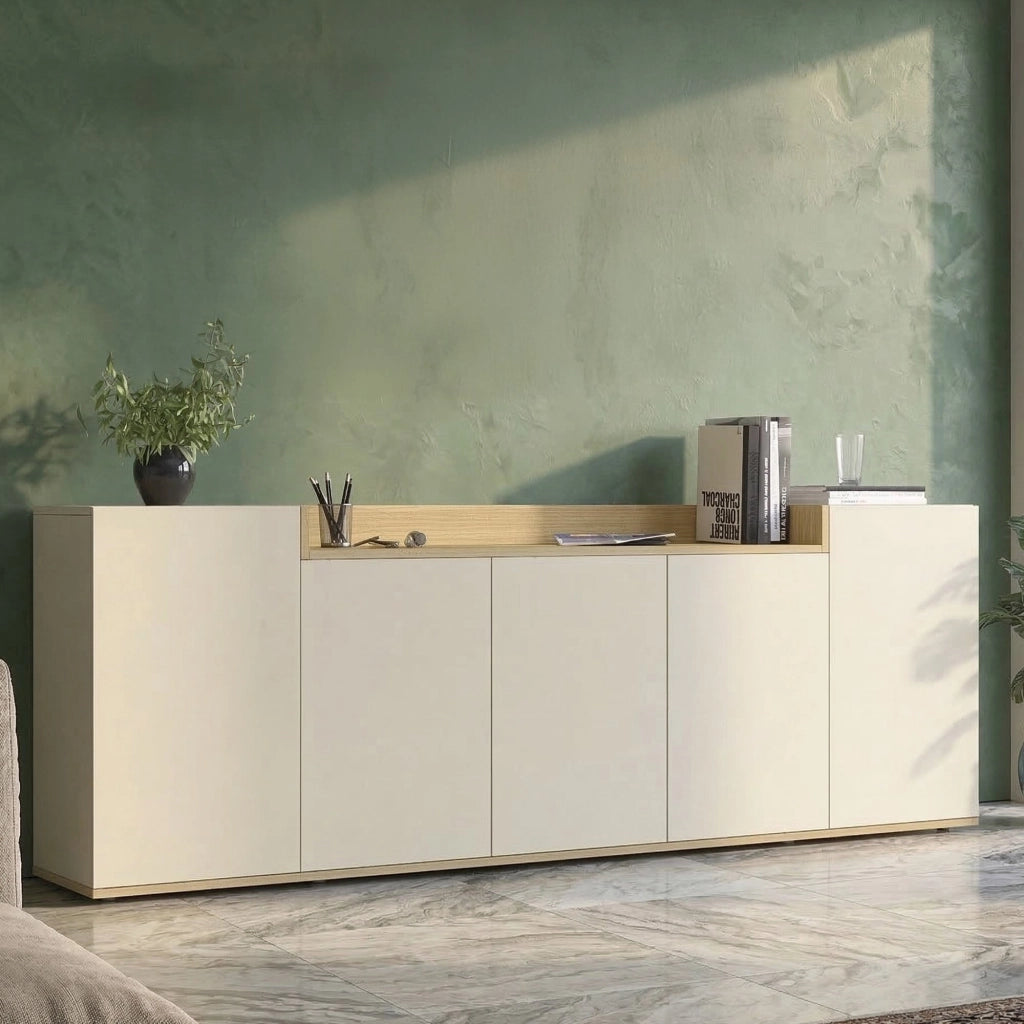 Madia Cordele, Credenza 7 Ripiani Made in Italy, 200x35x70h cm Bianco Cashmere