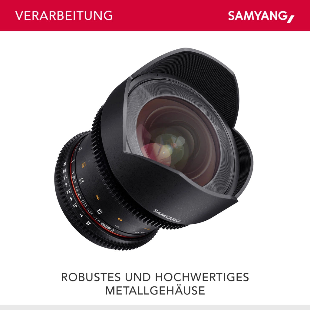 SAMYANG 14mm T3.1 VDSLR ED AS IF UMC II Obiettivo video Canon EF a messa a fuoco manuale con ingranaggio 0,8, grandangolo nero