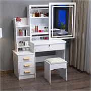 Trade Shop - Set Tavolo Da Toeletta Per Trucco Cosmetici Con Specchio Led Morbido Sgabello Cassetti - Bianco