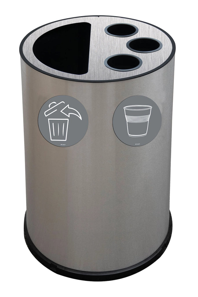 Pattumiera a Bidone per Raccolta Differenziata Ø45x72 cm 3 Scomparti Tubolari e 1 Scomparto da 50 L in Acciaio Inox