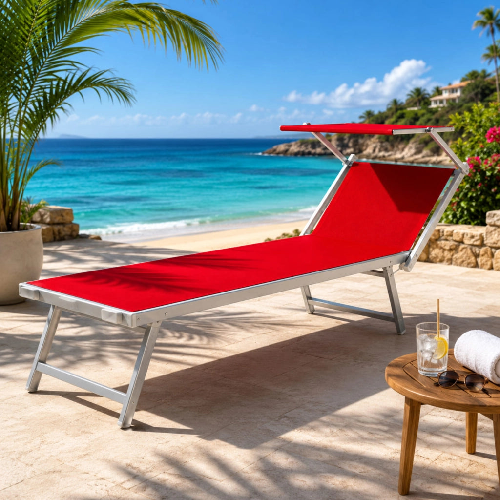 Lettino Prendisole Pieghevole Professionale In Alluminio E Tessuto Textilene Tettuccio Orientabile Tettino Parasole Sdraio Prendi Sole Mare Spiaggia Piscina Giardino 182 x 60 x 38 cm Rosso