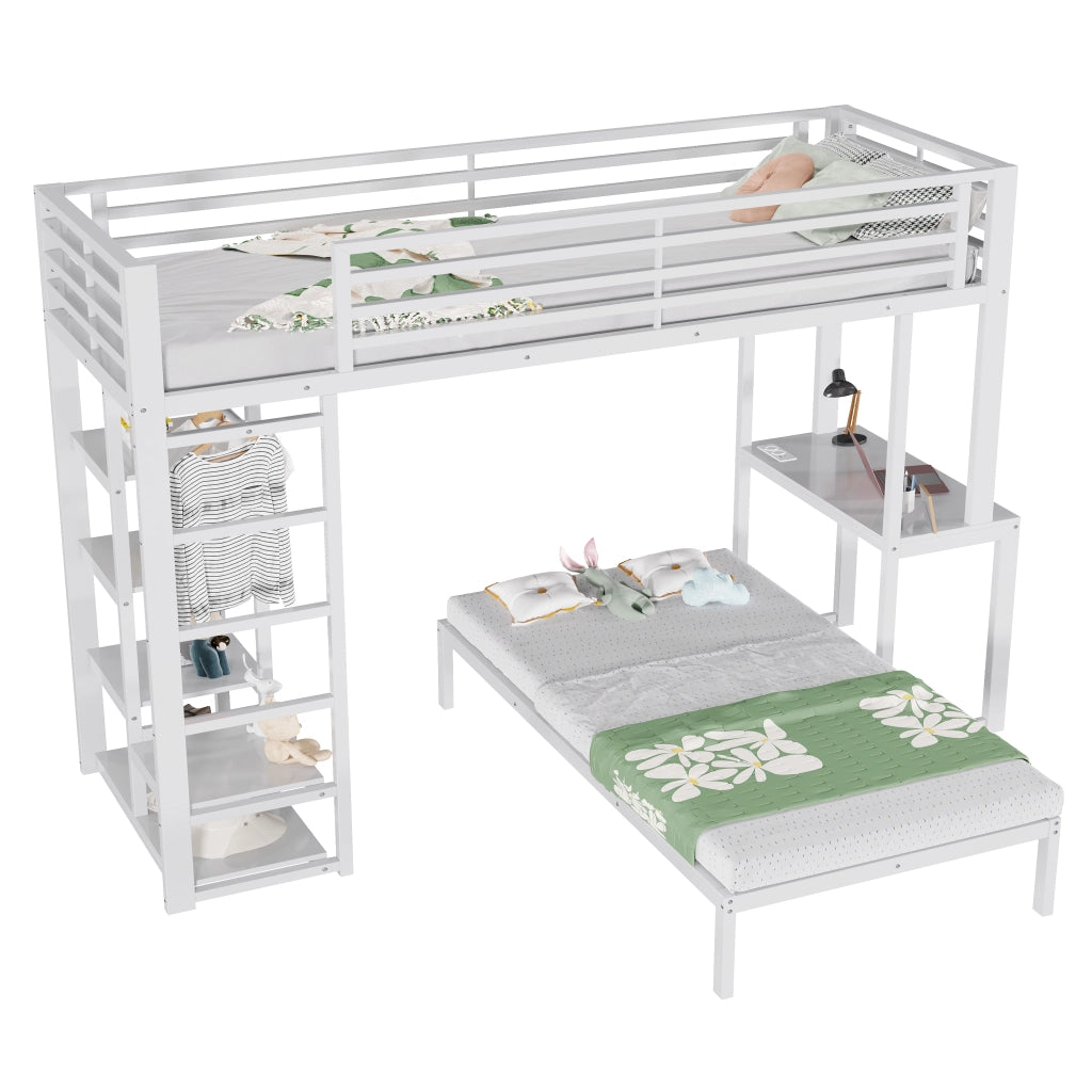 Letto a Soppalco Letto Singolo 90 x 200 cm con Scrivania; Mensole e Guardaroba in MDF e Metallo Bianco