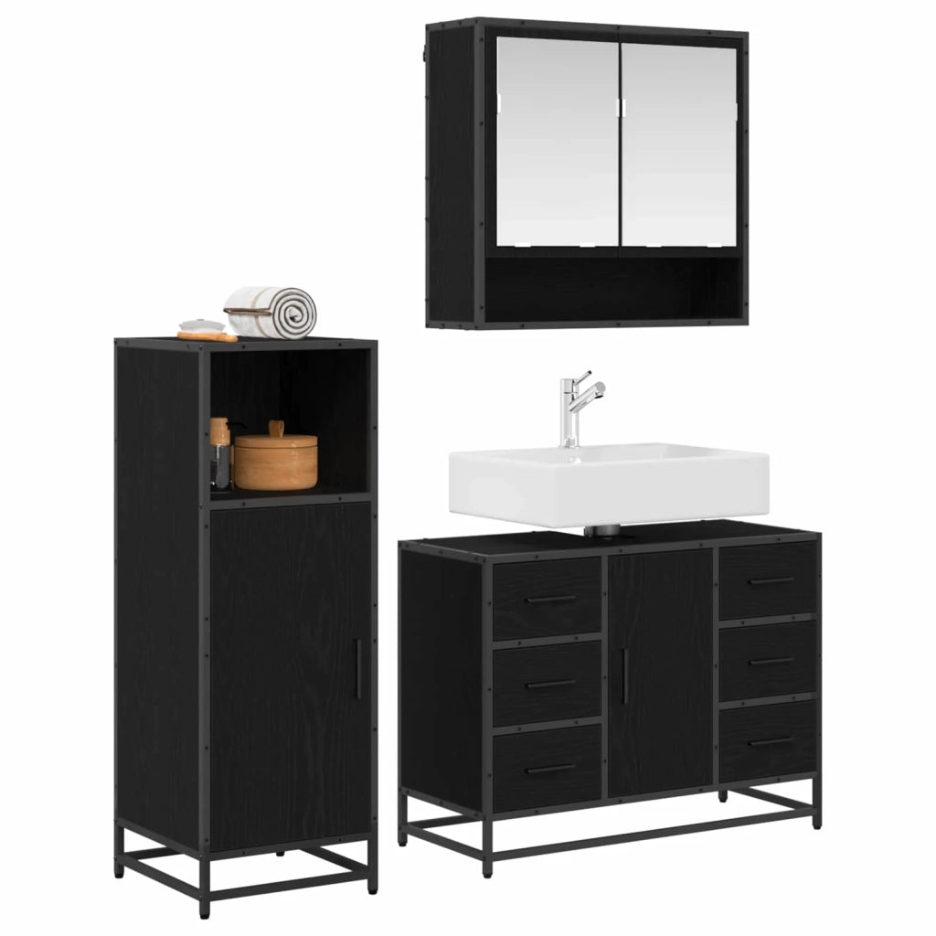 Set di mobili per il Bagno | Armadio da bagno 3 pz Rovere Nero Legno multistrato