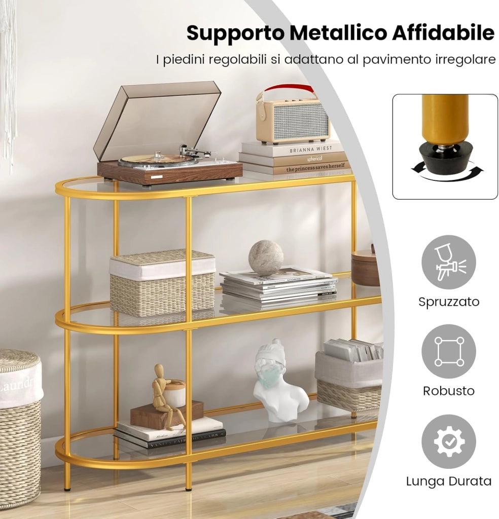 Mobile Porta TV fino a 65’’, Tavolo Consolle TV con 3 Ripiani in Vetro Temperato, Supporto TV con Struttura in Metallo, per Soggiorno, Camera da Letto