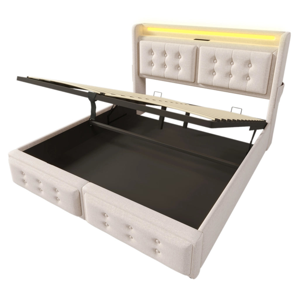 Letto matrimoniale 180x200 cm con contenitore; LED e porte USB; in tessuto beige