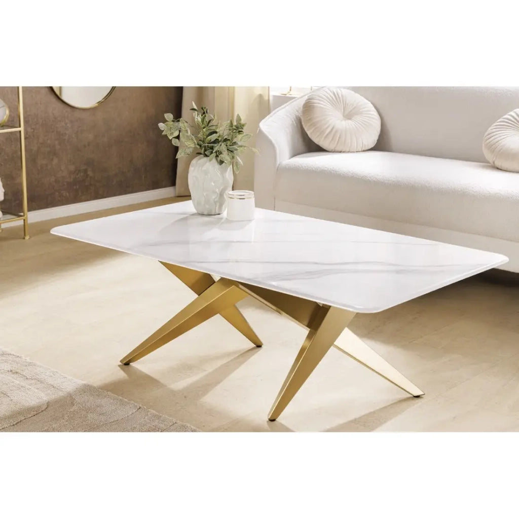 Tavolino AXIS 130 cm effetto marmo bianco con gambe dorate