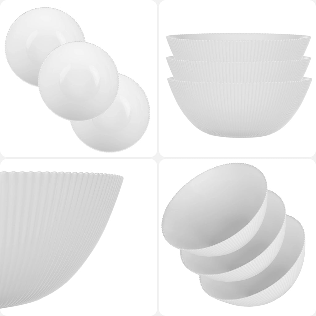 Set di 3 ciotole da insalata KADAX in vetro da 20 cm per zuppe e snack, bianche, scanalate.
