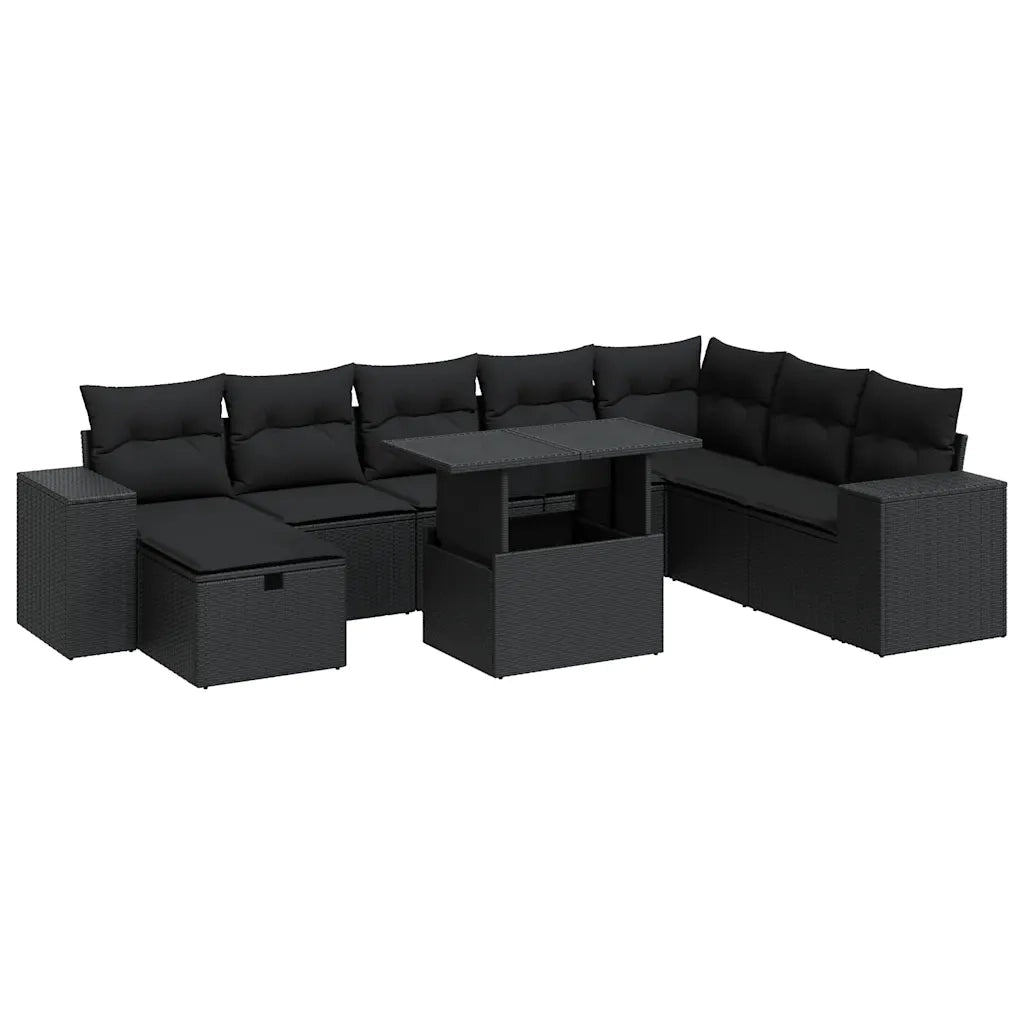 Set Divani da Giardino 9 pz con Cuscini Nero in Polyrattan 3327955