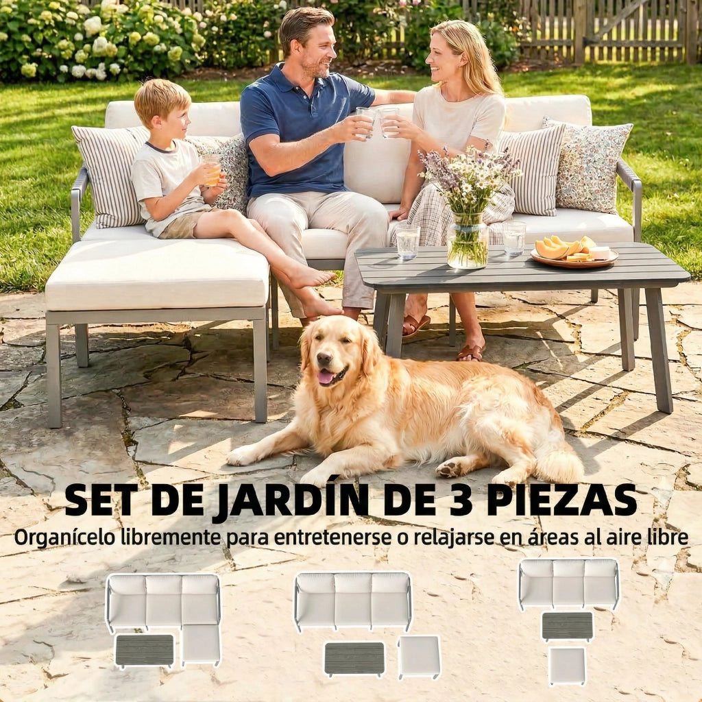 Set Giardino 3 Pezzi con Divano 3 Posti, Poggiapiedi, Tavolino e Cuscini ¨C zephmum ¨C Marrone e Beige