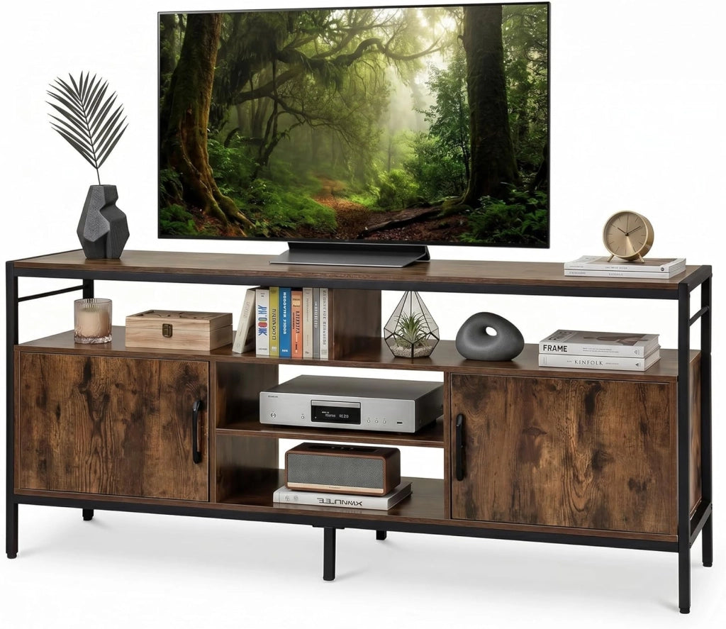 Mobile TV per Soggiorno, Mobile TV con 4 Ripiani Aperti e 2 Armadietti Chiusi, per Televisori fino a 65 Pollici, Stile Industriale con Struttura in Metallo per Camera da Letto (Nero)