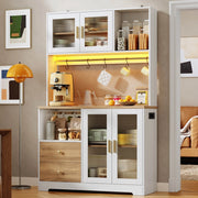 Credenza alta da cucina con LED, prese USB e ante in vetro temperato, bianco effetto legno, 110x40x178 cm