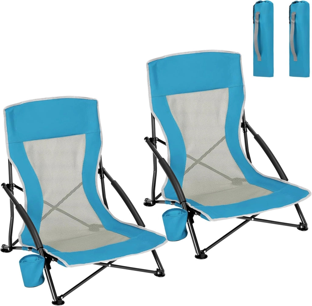 Sedia da Spiggia/Campeggio Bassa Pieghevole Set di 2, Sedia Portatile da Esterno Leggera con Schienale in Rete Traspirante, Portabicchieri, Borsa di Trasporto, Blu