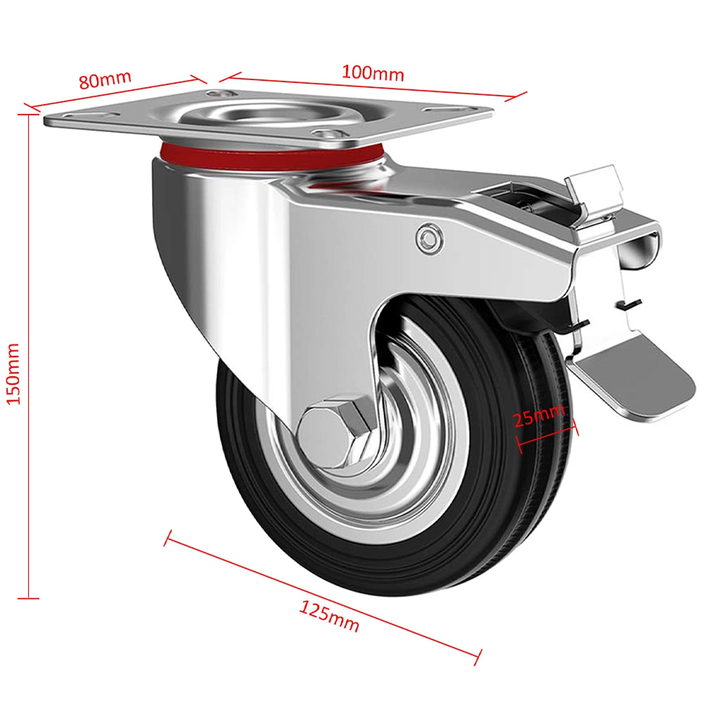 Set 4 Ruote Piroettanti per Carichi Pesanti Girevole 360° con Freno 150x80x100mm