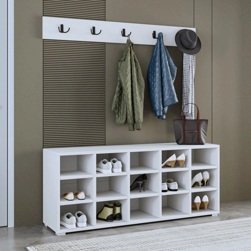 Scarpiera in legno "Talu" con appendiabiti - 120 x 30 x 52 cm - Bianco