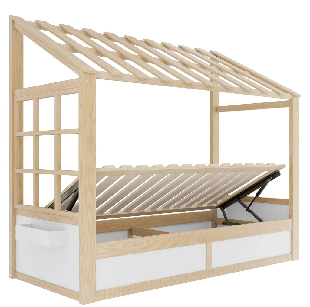Letto per bambini a casetta 90x200 cm con contenitore idraulico e vani laterali; bianco naturale
