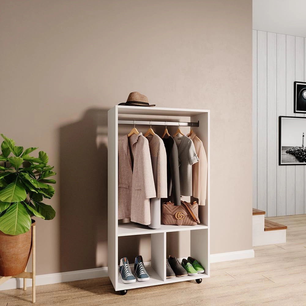 Armadio multifunzione Sydney, Bianco, 70 x 128 cm, su ruote per utilizzo flessibile e facile spostamento