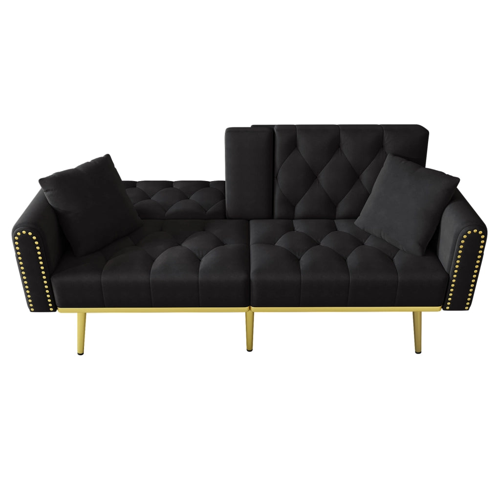Divano letto 2 posti 175x80x73.5 cm con schienale regolabile e portabicchieri in velluto nero