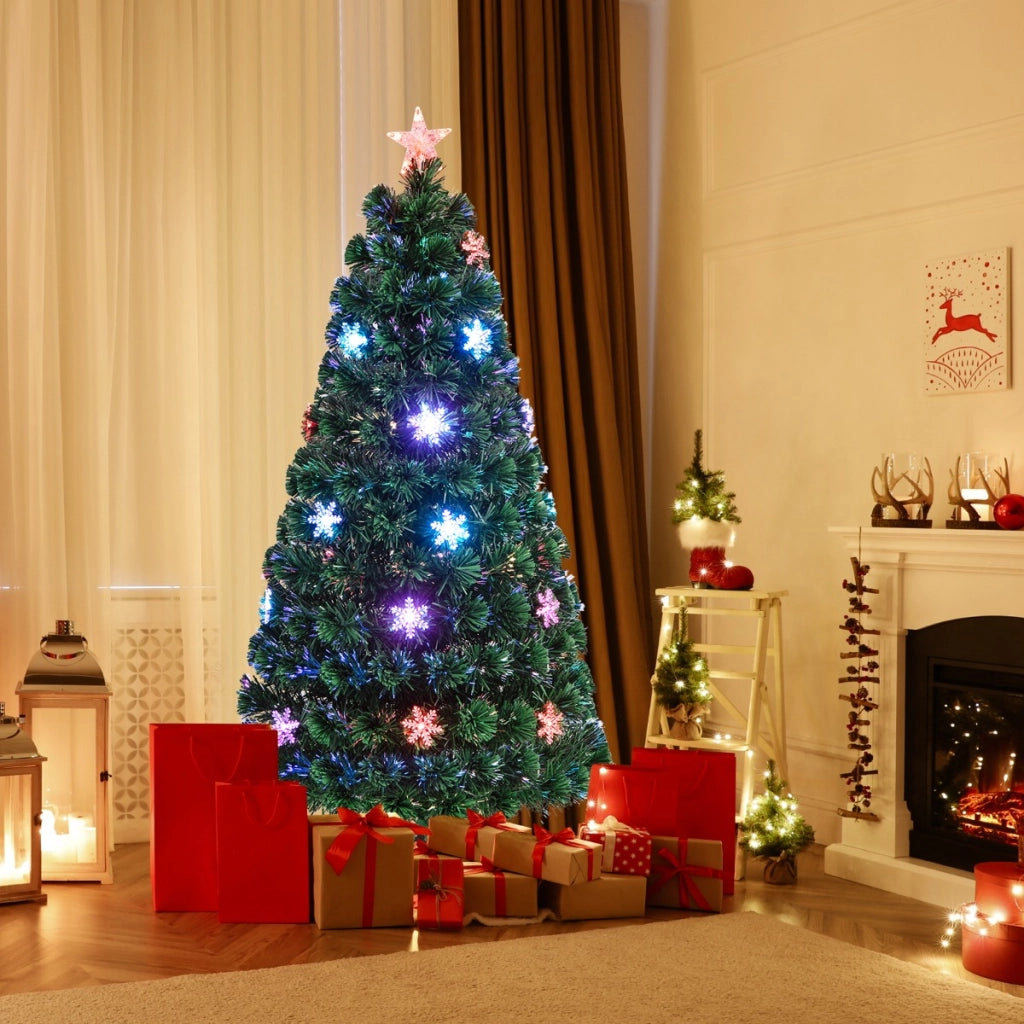 150cm Albero di natale artificiale in fibra ottica con 170 rami, 24 luci LED fiocchi di neve e stella-Alberi di Natale