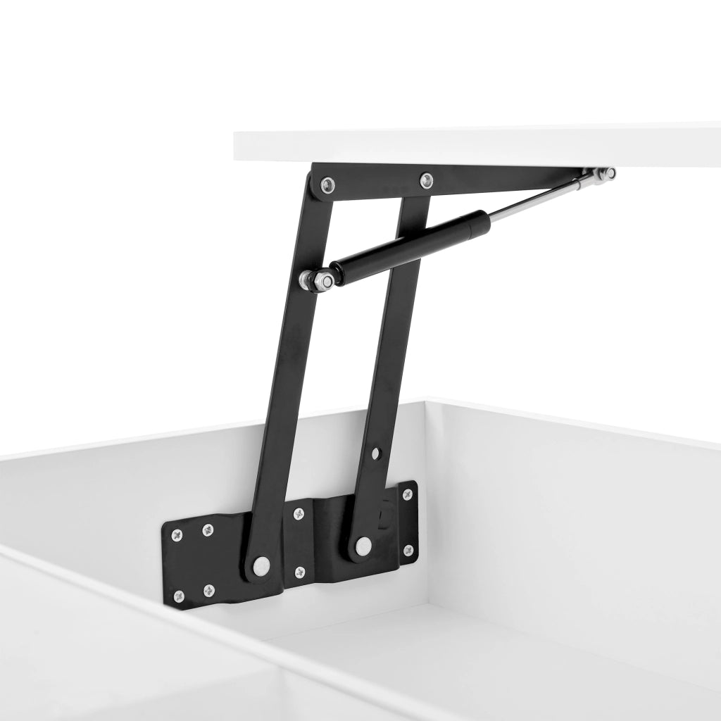 Tavolino sollevabile 78x78x45.5/59.5 cm; LED e spazio contenitore; truciolare bianco