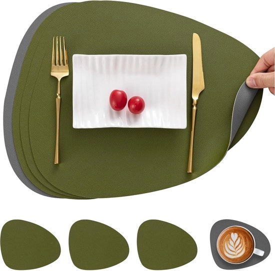 Piatto e sottopiatto in pelle, antiscivolo, doppio, lavabile, piatto e sottopiatto in plastica (set da 4 pezzi, grigio/verde)