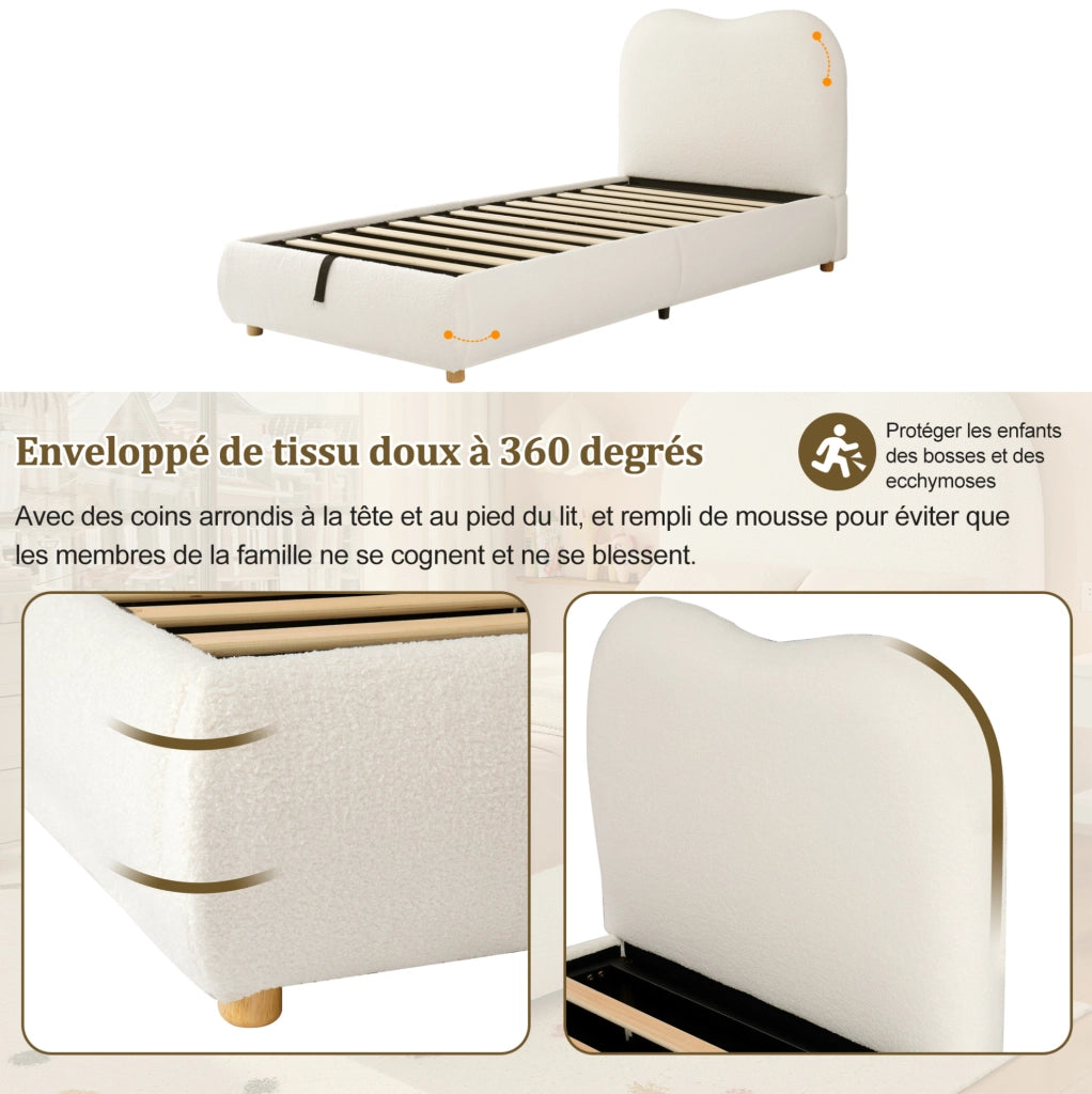Letto imbottito con contenitore idraulico; rete a doghe; Bouclé beige