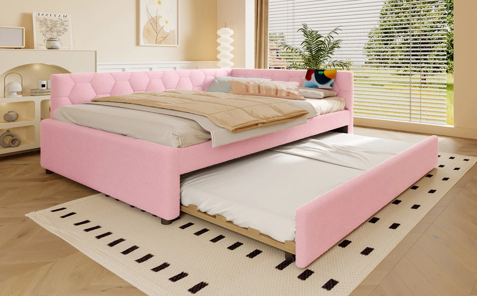 Daybed 140x200 cm con rete, divano letto estraibile multifunzione, luce da comodino, USB e Type-C, rosa