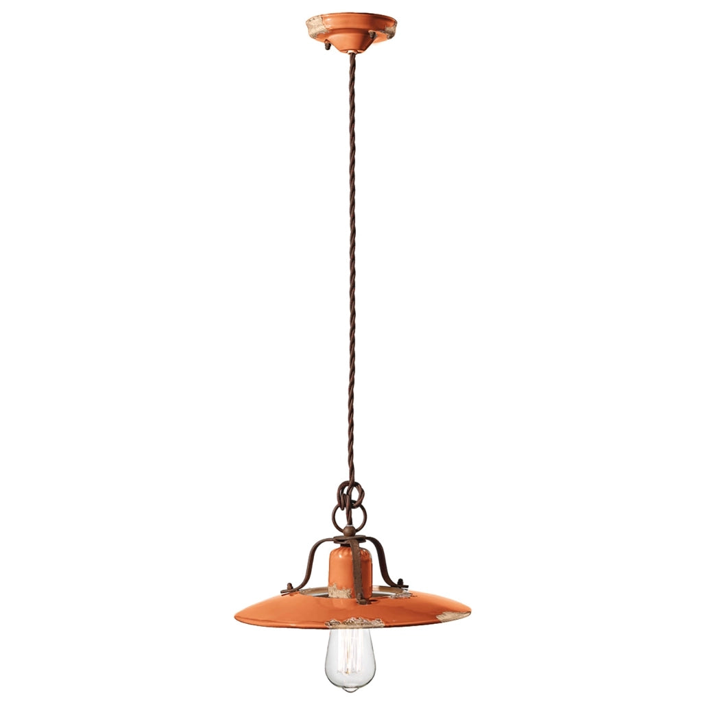 Lampadario Vintage Country Ferro E Ceramica Arancio 1 Luce E27 30Cm