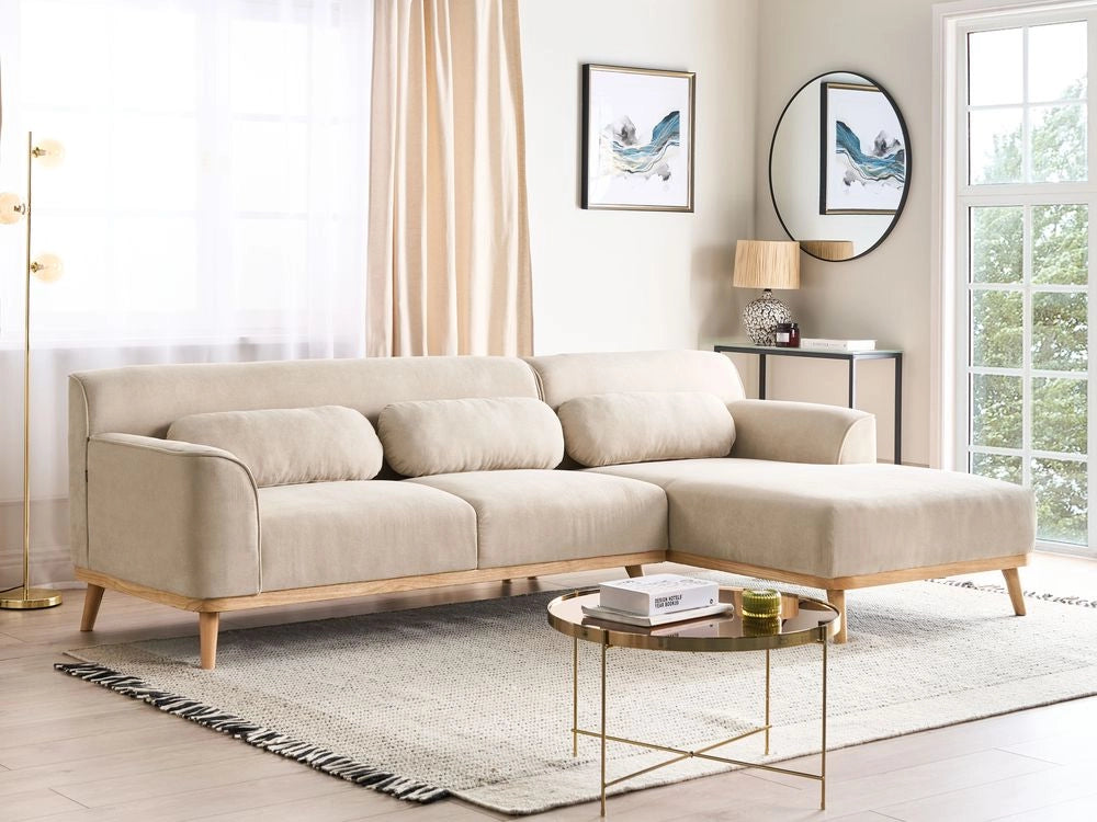 Divano angolare Beige velluto a coste con base in legno 3 posti a sinistra Divano retrò Soggiorno
