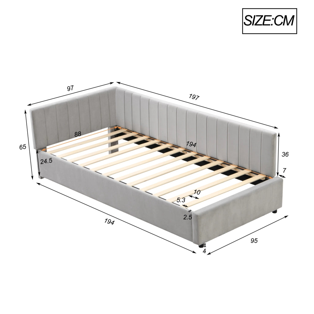 Letto imbottito 90x200 cm con rete a doghe; in velluto grigio