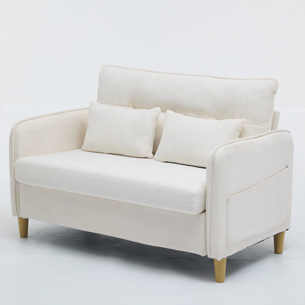 Divano 2 posti 127 cm in tessuto chenille beige con tasche laterali HOMVRA