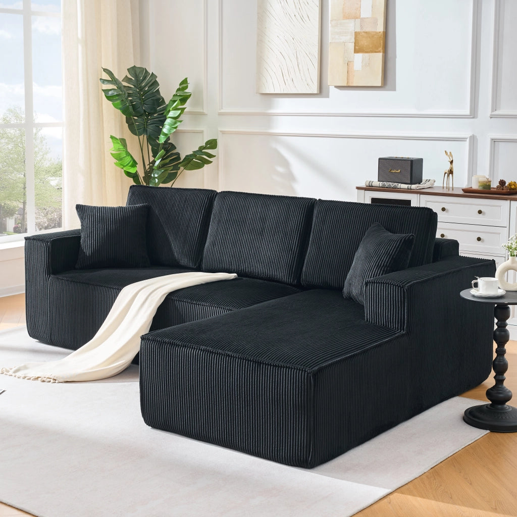 Divano Angolare 2 Posti con Chaise Longue ¨C MINIMAL ¨C Tessuto a Coste, Nero, Modulare