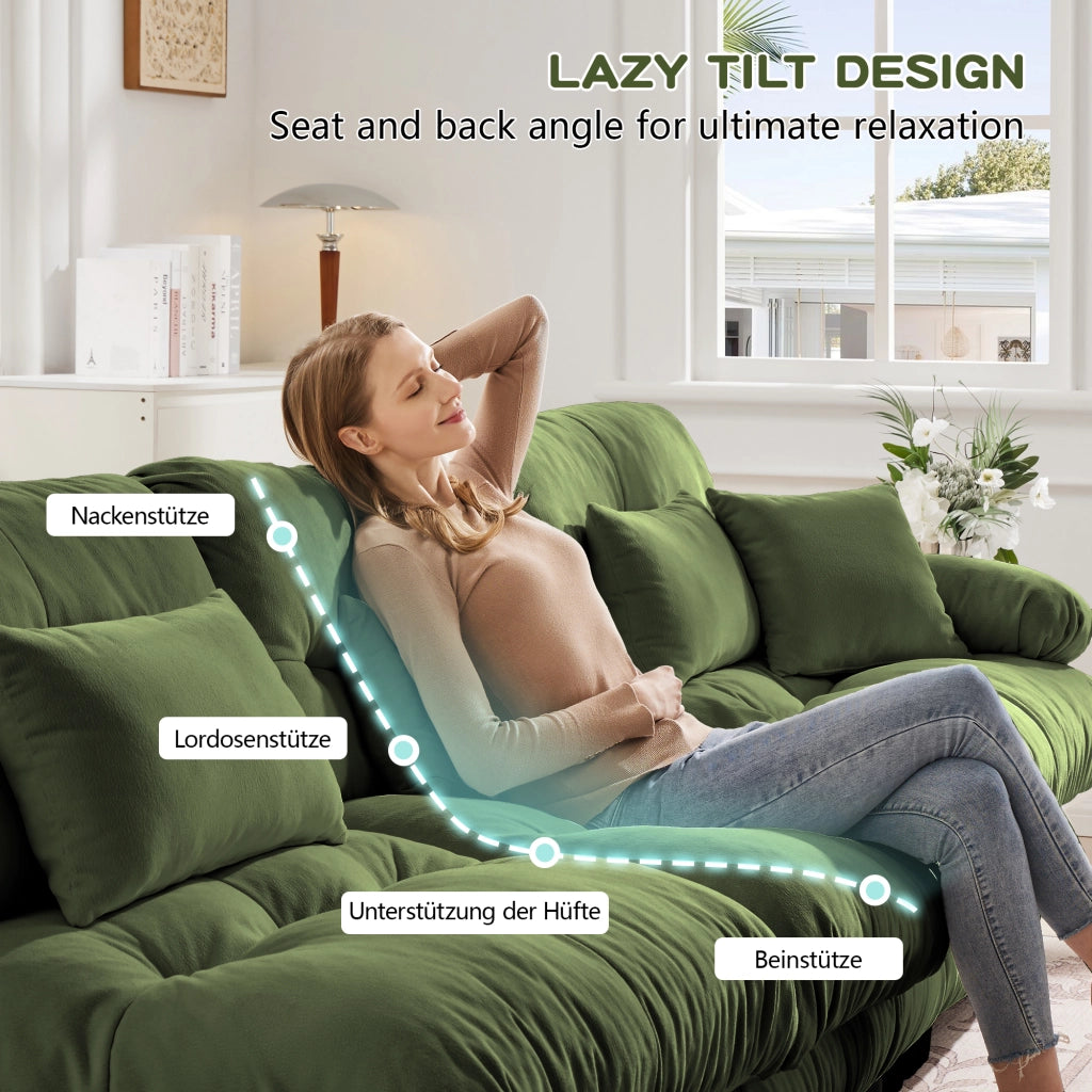 Divano angolare modulare in ciniglia con cuscini lombari e pouf per soggiorno verde 220 × 145 × 81 cm
