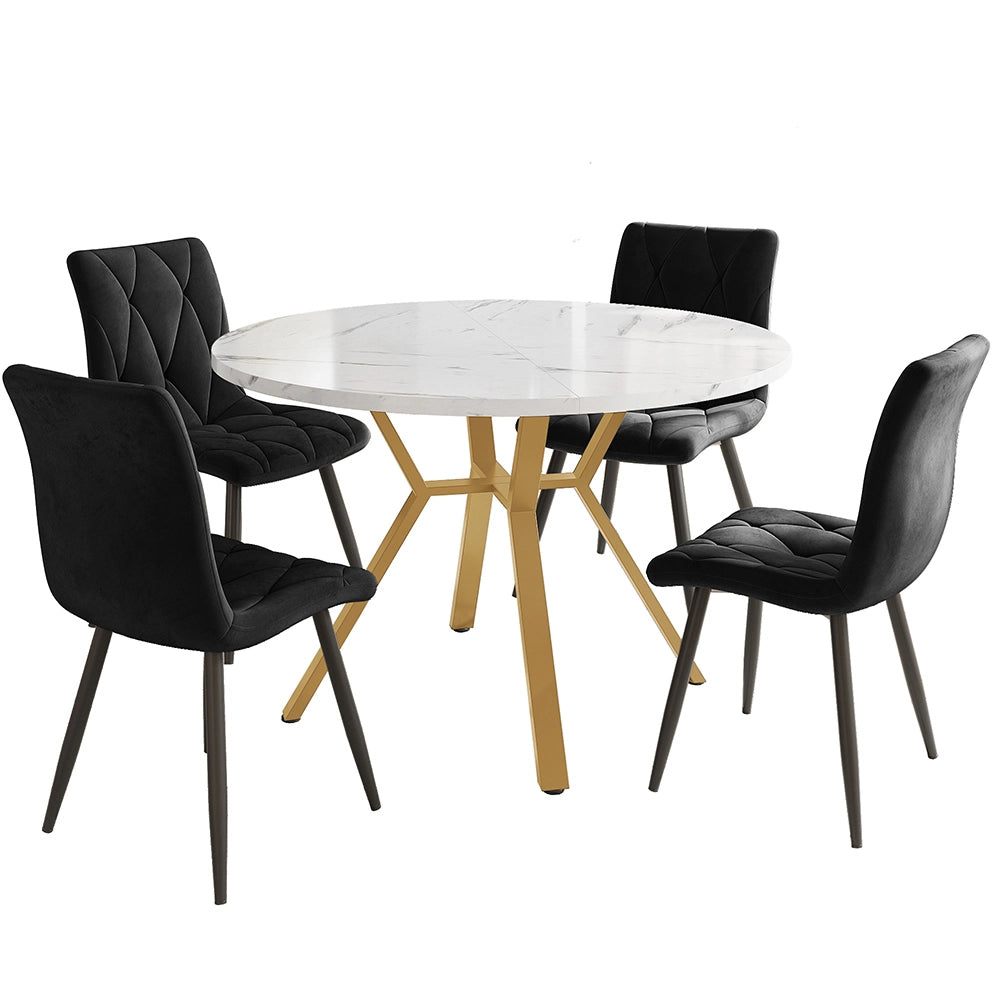 Set tavolo-Xylo-Rotondo marmo 4 sedie nero piedi dorati