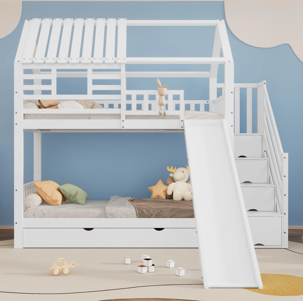 Letto a castello a forma di casetta con scivolo, scala con contenitore e cassetti