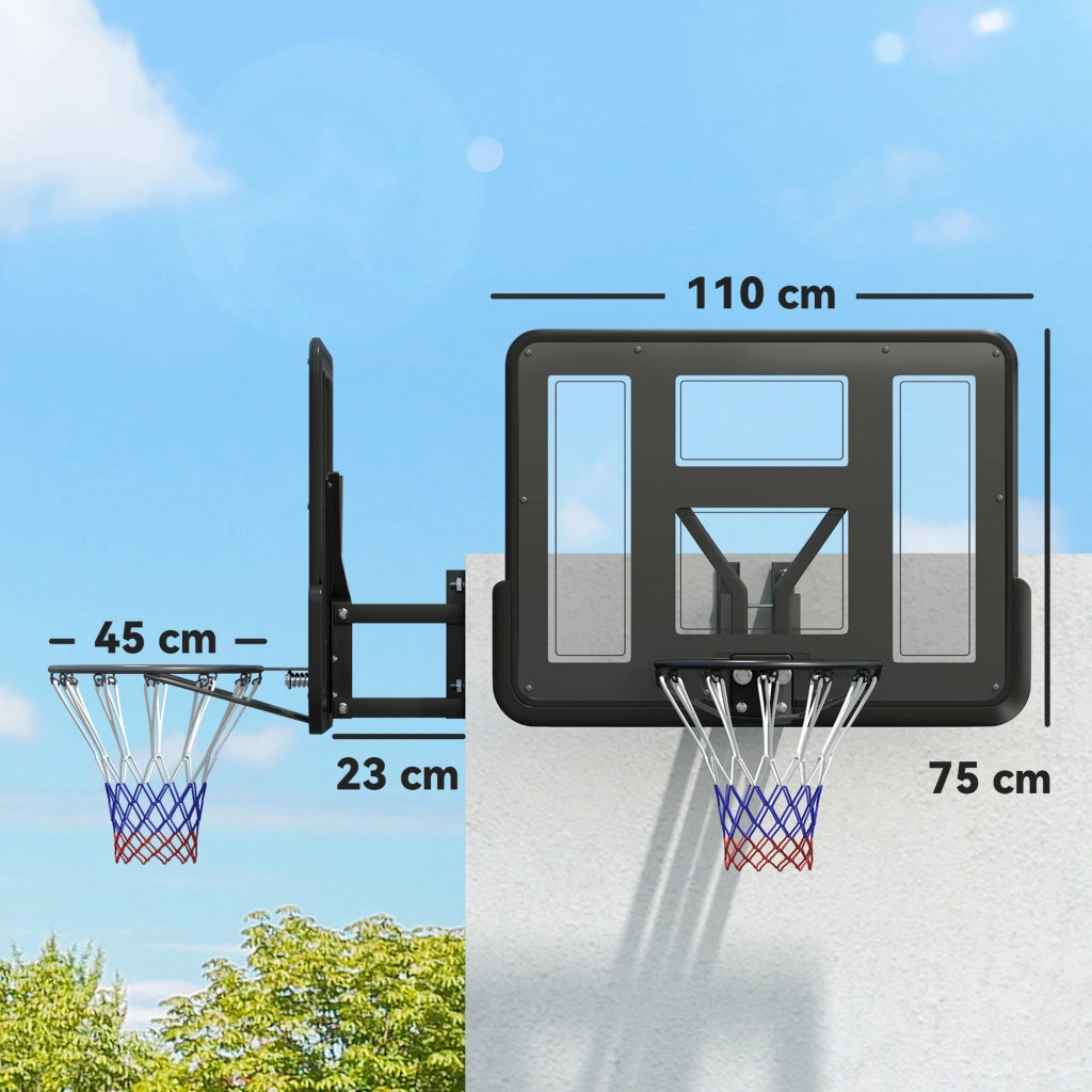 Canestro da Basket da Parete 110x75 cm con Tabellone e Molla Resistente per Interno ed Esterno Nero